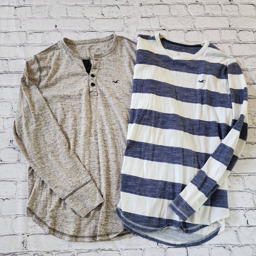Hollister Mens Long Sleeve Shirt Bundle Medium Grey Henley Blue Striped Crew Y2K